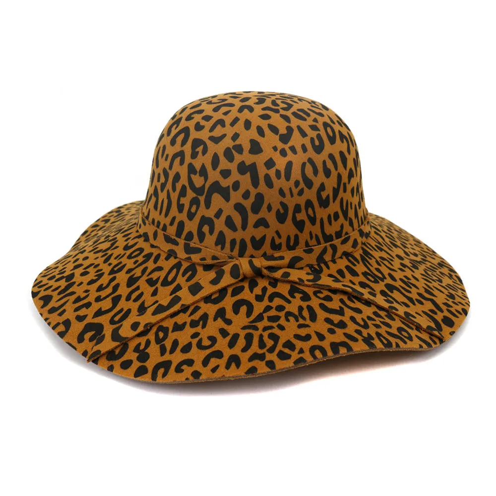 2020 ليوبارد طباعة قبة توالت فو صوف فيلت على نطاق واسع بريم قبعة فيدورا الخريف النساء أزياء الشتاء اللباس القبعات قاء زجاجي كاب BOWKNOT