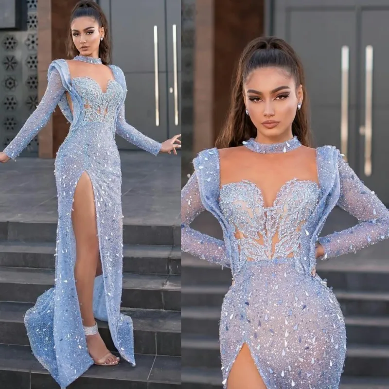 Major Beading Prom Dresses With Long Sleeves Side Split Sequined Mermaid Evening Gowns vestidos de fiesta Sexy Yong Girls Party Dress