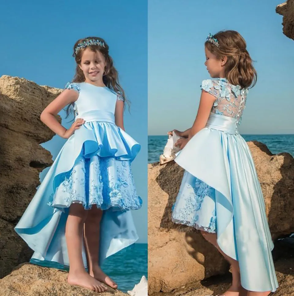 Koronki Appliqued Tulle Kwiat Dziewczyny Suknie Otwórz Back Girls Party Dresses Dzieci Formalne zużycie