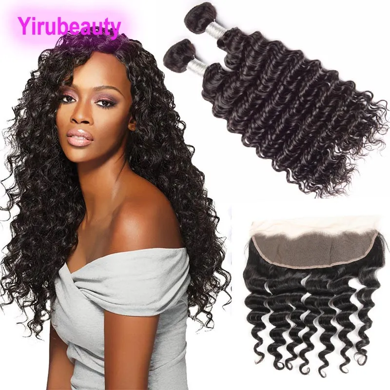 Yiruhair Indische Reine Haarverlängerungen Bundles Mit 13X4 Spitze Frontal Ohr Zu Ohr Freier Teil 3 Teile/los Menschliches Haar Tiefe Welle Indisches Lockiges Yiruhair