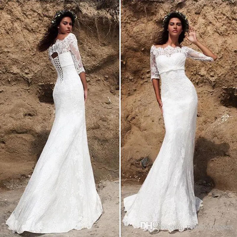 Half Sleeves Lace Appliques Mermaid Wedding Dresses Lace Up Back Sweep