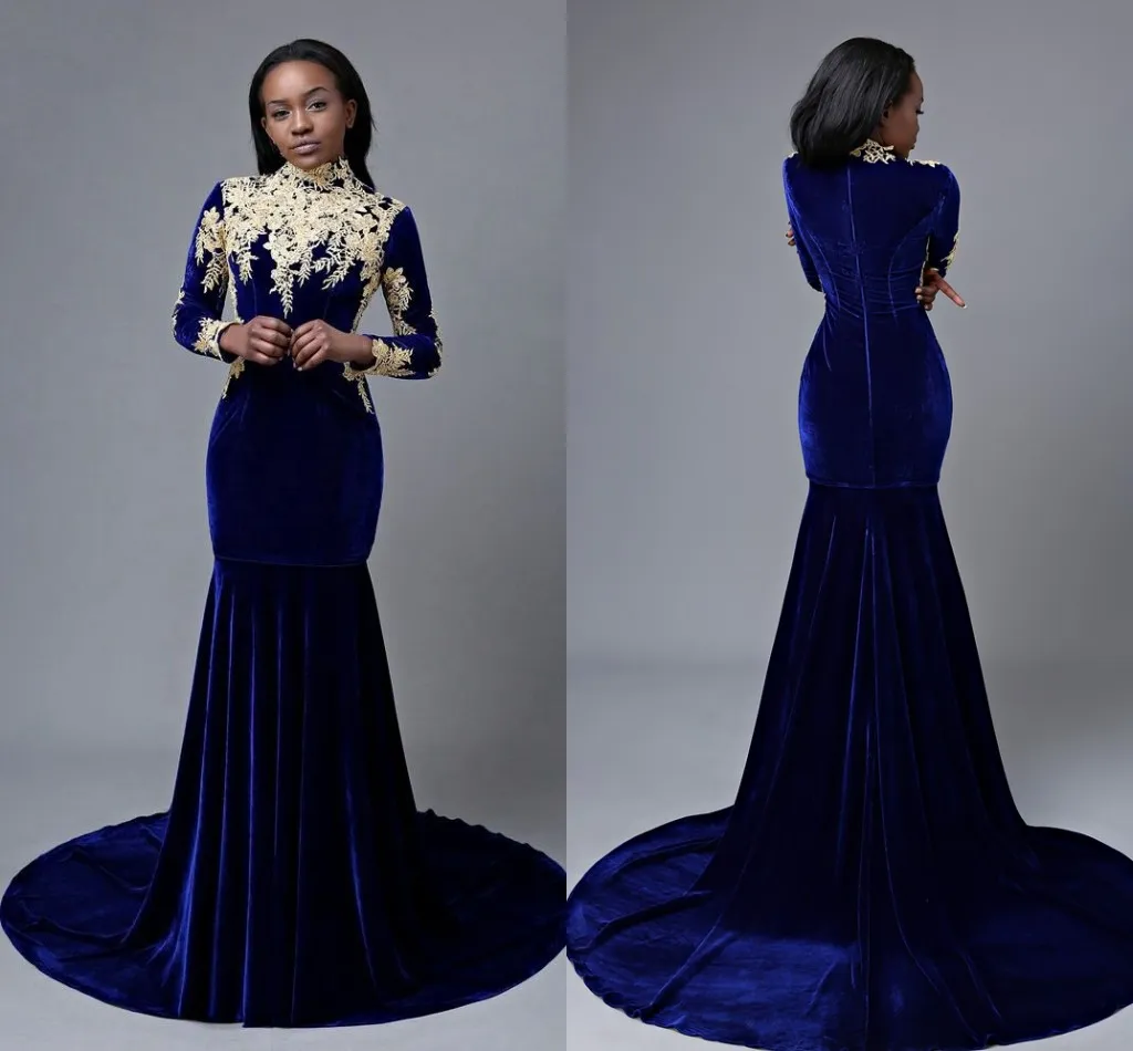 2019 Velvet Mermaid Prom Dresses Evening Gowns Long Sleeve Champagne Applique High Neck Dresses Evening Wear Formal Dress Custom Made