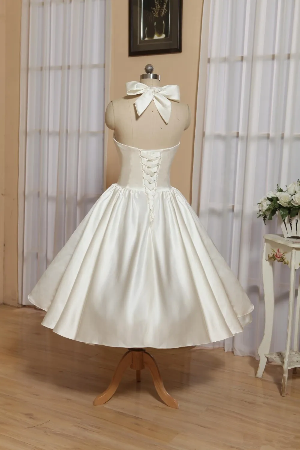 Vintage Tea Length Satin Simple Satin Wedding Dress With Halter