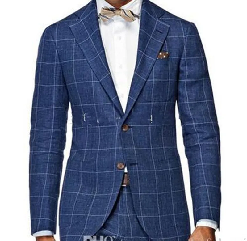 Nuovo Disegno popolare due pulsanti blu Plaid nozze smoking dello sposo del risvolto della tacca Groomsmen Mens Cena Blazer Suits (Jacket + Pants + tie) 384