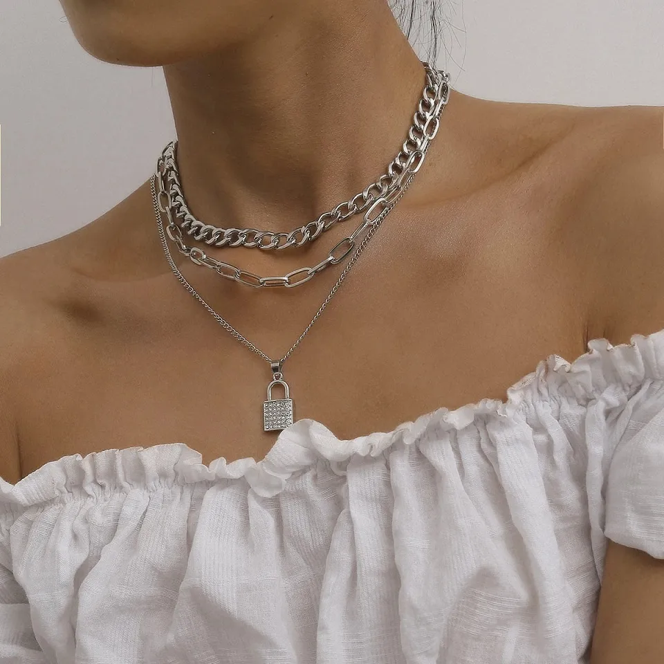 Mode Luxe Multi Layer Link Chain Fonkelende Diamond Silver Lock Hanger Vintage Choker Verklaring Ontwerper Ketting voor Vrouwen Meisjes