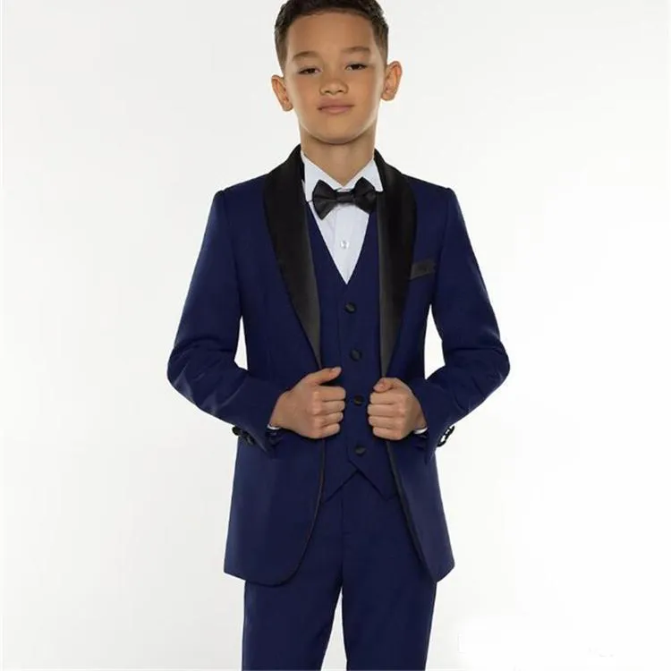 2019 Custom Made Boy Formal Wear Children Tuxedos Peaked Lapel 3 Pieces Kids Wedding Party Suits (Jacket+Pants+Vest)