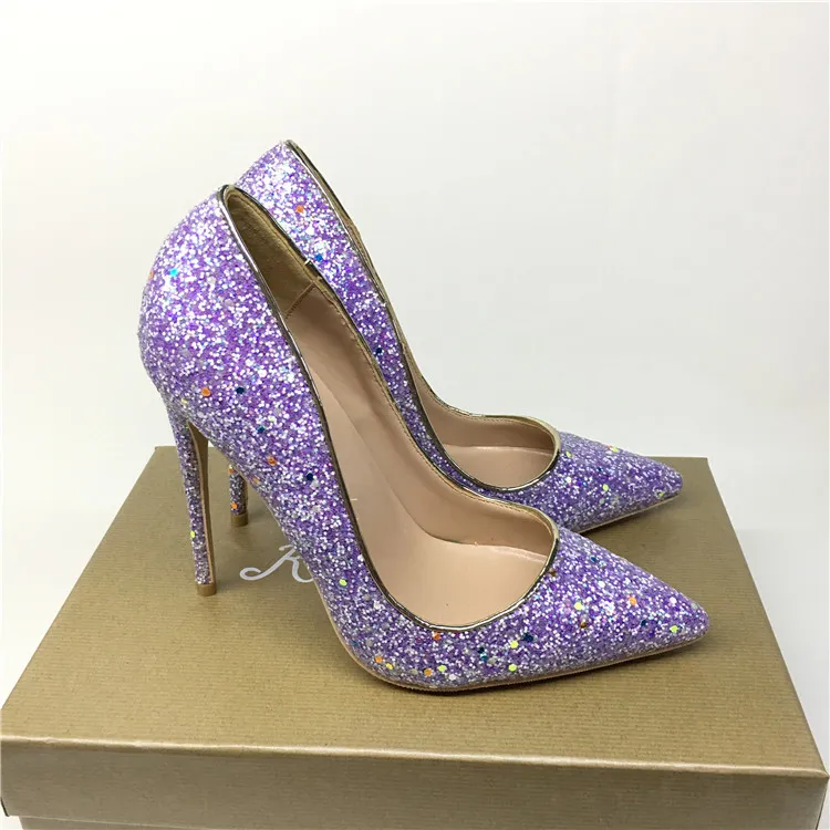 Повседневный дизайнер Sexy Lady мода женская обувь фиолетовый блеск заостренный ножный палец стриптизерша Высокие каблуки вечера вечерние насосы большой размер 44 12см