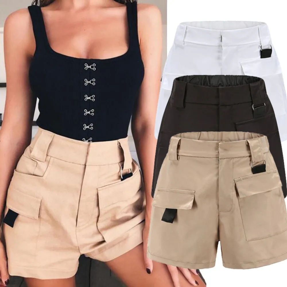 Pantalones cortos estilo cargo para mujer con cinturón Pantalones cortos de  cintura alta 2019 Cintura elástica de verano Pantalones verdes del