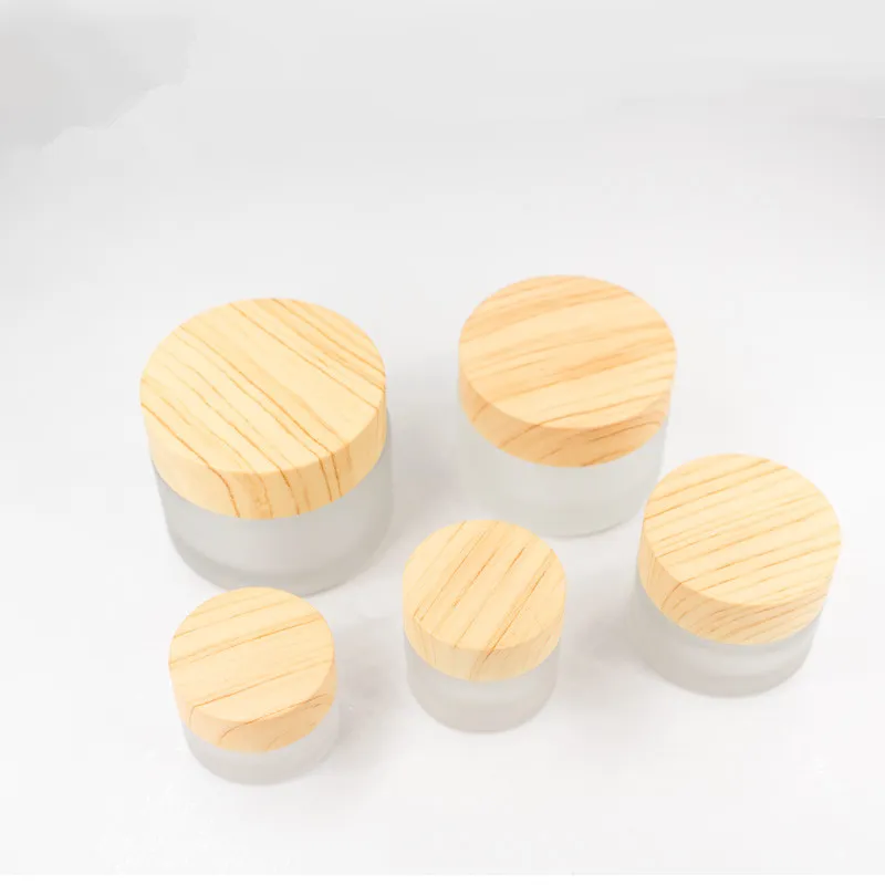 5/10/15/30/50g Empty Frosted Glass Jar Pot with Wood Grain Lid Skin Care Eye Cream Mask Cosmetic Containers Refill Bottle