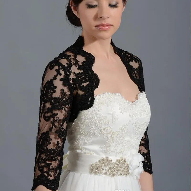 Nieuwe zwarte bruiloft bolero jas cap wrap schouderophalen 2/3 mouw voorkant open kant stoffen pure bruid aangepaste jassen