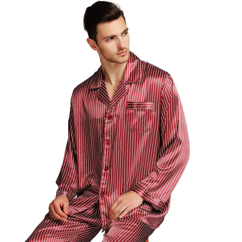 Grands cadeaux _ Ensemble de pyjama en satin de soie pour homme Pyjama Pyjama PJS Ensemble de vêtements de nuit Loungewear U.S, S, M, L, XL, XXL, 3XL, 4XL Plus rayé