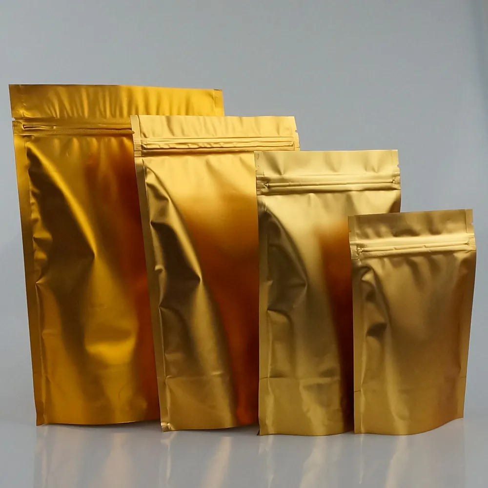 100pcs/lot, 12*20cm Standing matte golden aluminium foil ziplock bag-resealable mylar plating oatmeal/potato chip pouch, candy bags