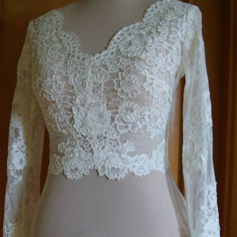 Giacche da sposa vintage Bolero Wrap Top da sposa bianco avorio Pizzo smerlato maniche lunghe Bottone posteriore Taglie forti Accessori da sposa