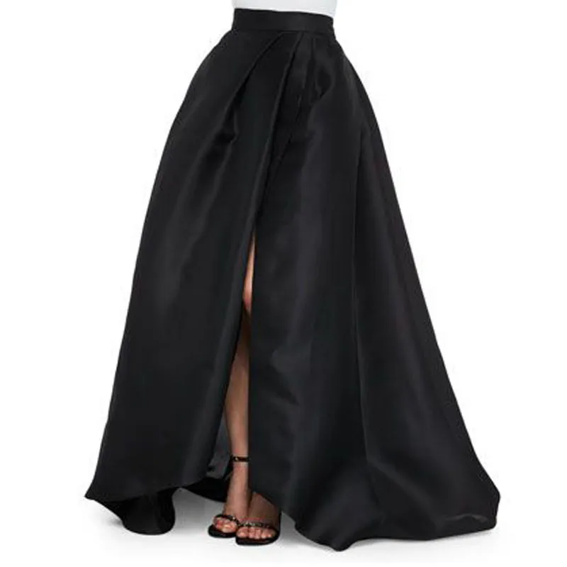 Sexy Black Satin Long Skirts New Design Side Split Chic Invisible Zipper Floor Length Skirts Fashion Women Maxi Saia Y1904002