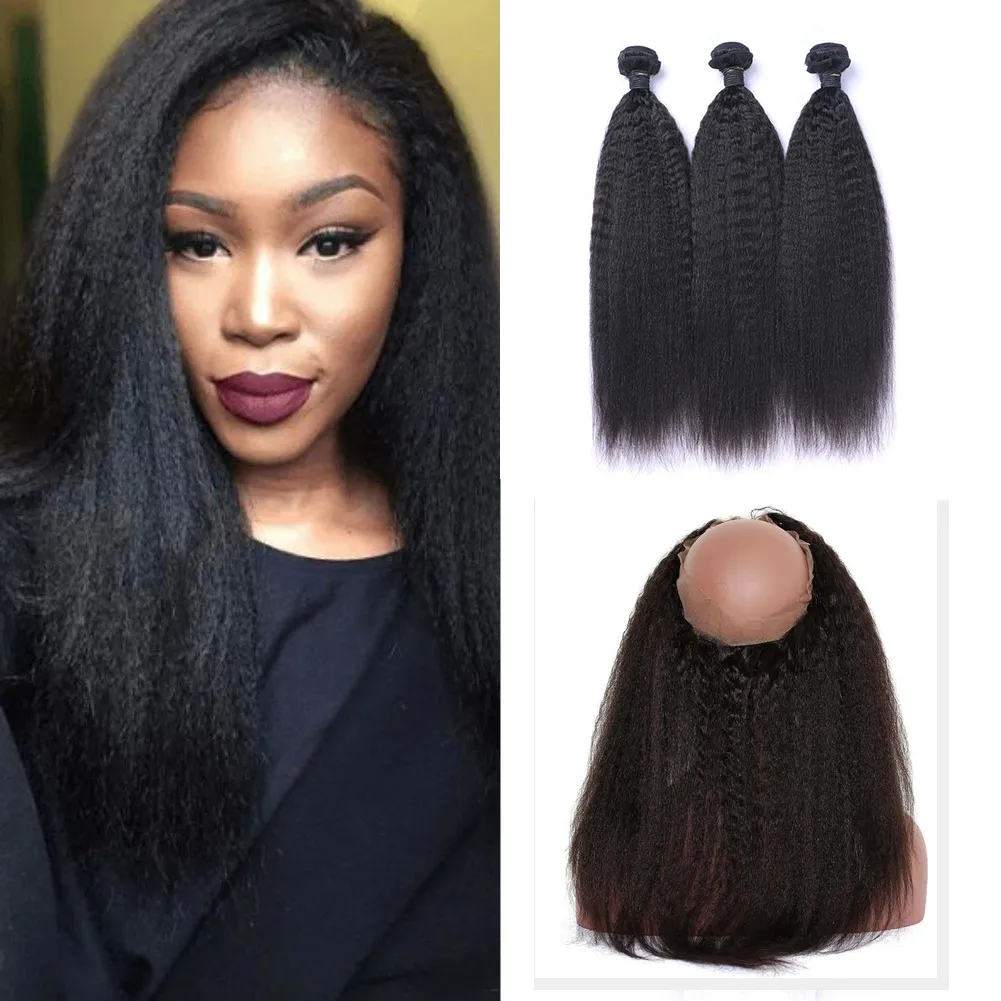 9A Pré Arrancado Cabelo Humano Reto Kinky Brasileiro Trama Com Faixa de Renda 360 Frontal Cabelo Humano Virgem Com Cabelo Ruim 4 pçs/lote