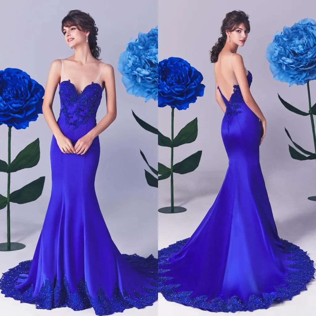 Royal Blue Lace Mermaid Evening Dresses Sexy V Neck Backless Appliques Lace Prom Gowns Sweep Train Special Occasion Klänning Formell Klänning