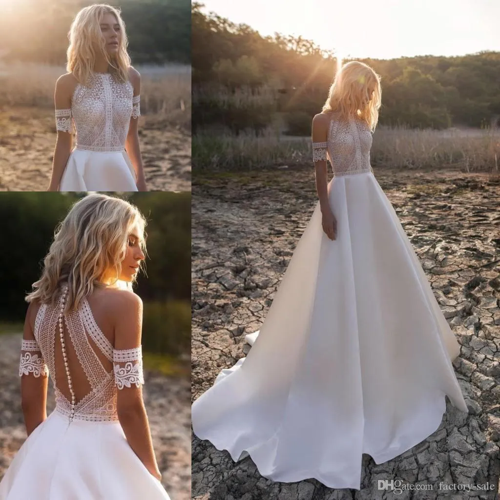 Bohemian Beach A-Line Wedding Dresses Lace Applique Juvel halsgolvlängd veck bröllopsklänning brudklänningar vestido de novia308z