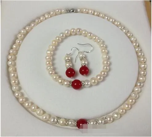 7-8мм белый Akoya культивированный жемчуг / красный нефрит браслеты ожерелье серьги набор A026 18"