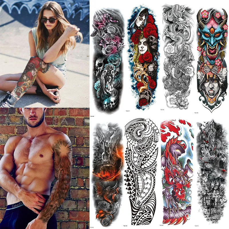 Extra Large completa Arm Tatuagens temporárias mangas Peacock crânio peônia dragão Designs impermeáveis ​​tintas tatuagem adesivos arte de corpo para mulheres dos homens