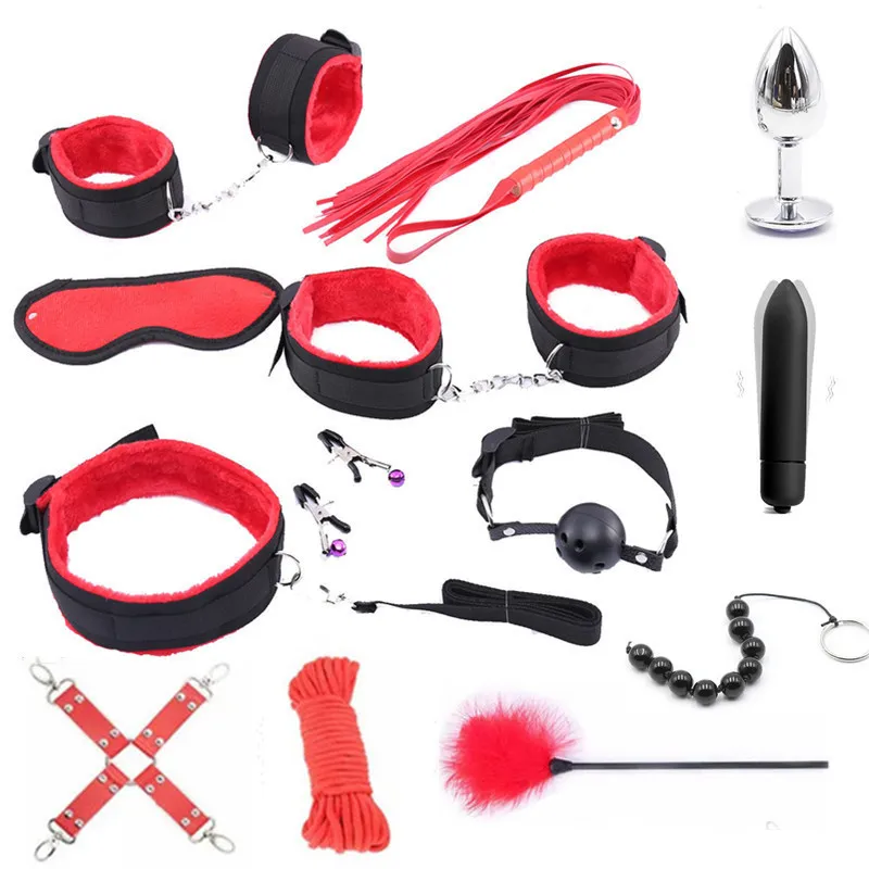 13 PCS /Set Bondage Restraints Nylon Plush BDSM Sex Handcuffs Whip Metal Anal Plug Erotic Sex Toys Stimulate sex toys for woman Y200421