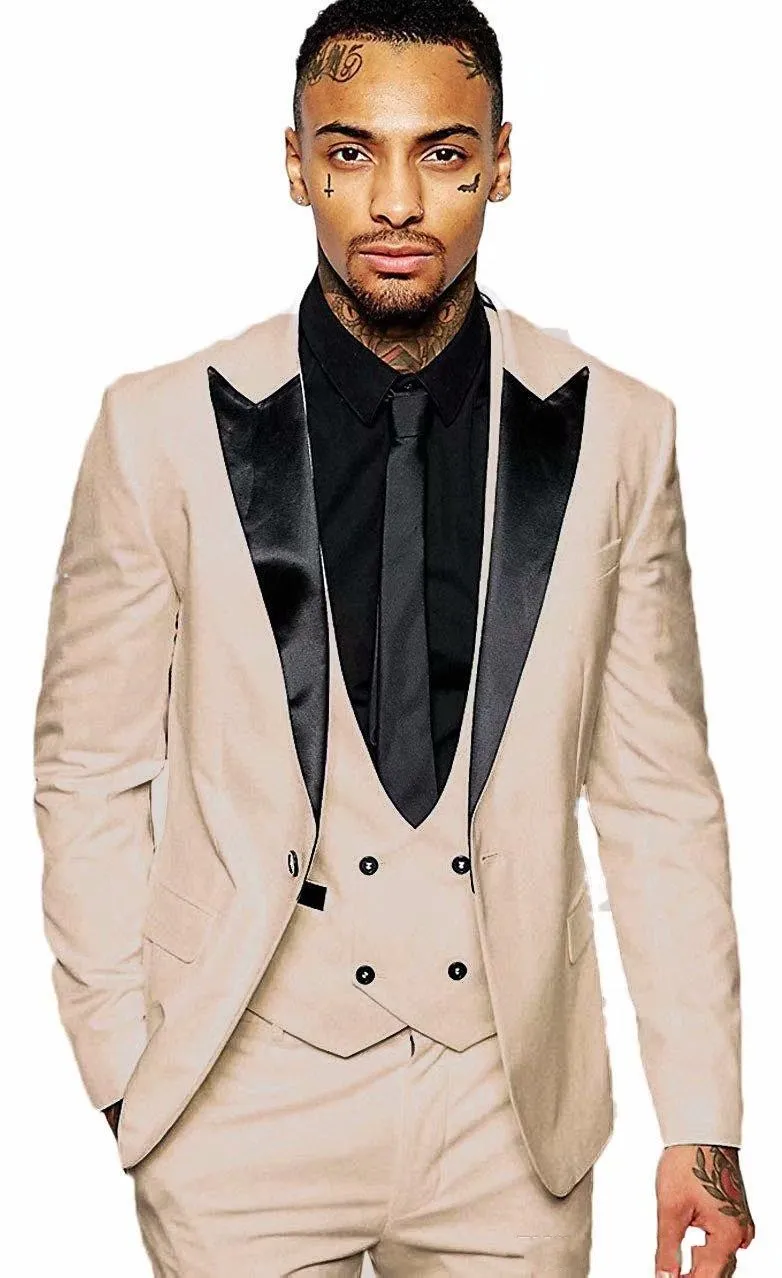 Helt ny champagne män bröllop tuxedos svart topp lapel brudgum tuxedos utmärkt män jacka blazer 3 stycke kostym (jacka + byxor + slips + väst) 2466