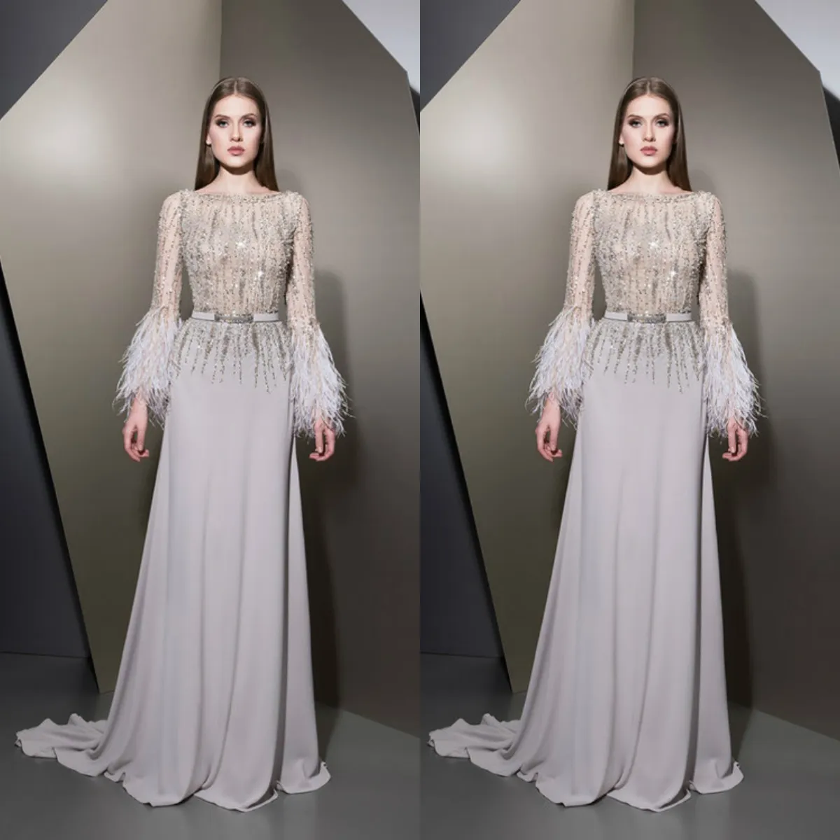 Nakad A Ziad Line Elegant Evening Dresses Long Sleeve Feather Beaded Sequins Formal Prom Gowns Sexy Sweep Train Party Dress