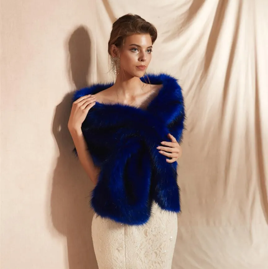 Plus Size Royal Blue Women Fur Shoulder Wrap Bridal Shawls Cape Faux Fur Wedding Shrug Party Evening Dress Coat Boleros In Stock pj18095