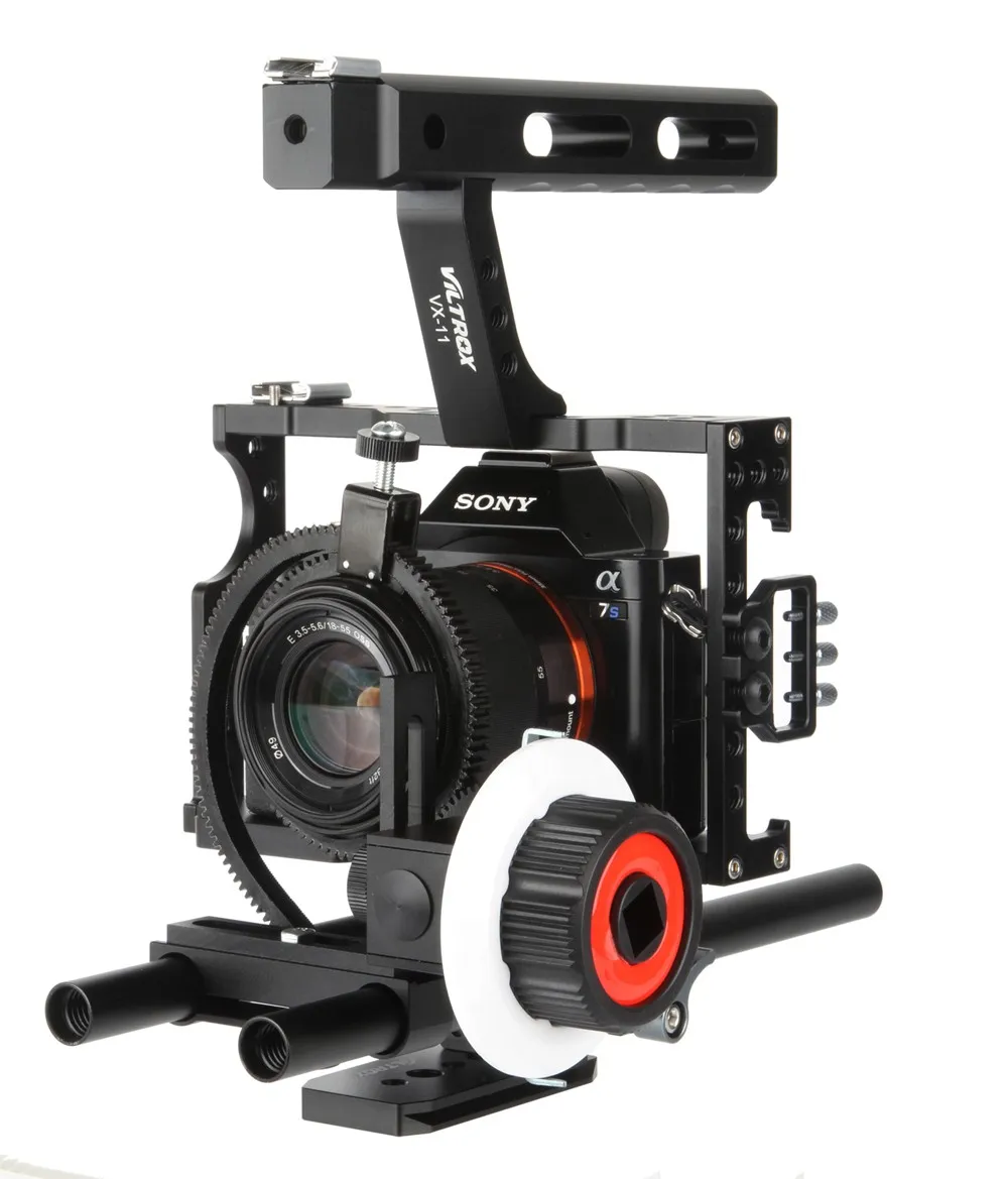 Freeshipping 15mm Rod Rig DSLR Video Cage Camera Stabilisator + Topphandtag Grip + Följ fokus för Sony A7 II A7R A7S A6300 Panasonic GH4 / EOS M5