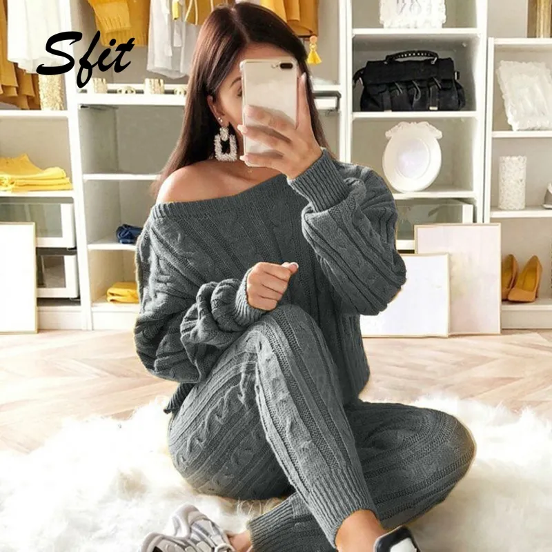 Sfit Women Casual Knit 2 pezzi Outfit manica lunga maglione pullover crop top e pantaloncini pantaloni tuta gonne abito set 2019