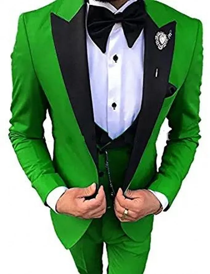 Mode Groene Bruidegom Tuxedos Black Peak Revroom Groomsmen Heren Trouwjurk Uitstekende Man Jacket Blazer 3piece Suit (jas + Broek + Vest + Tie) 1822