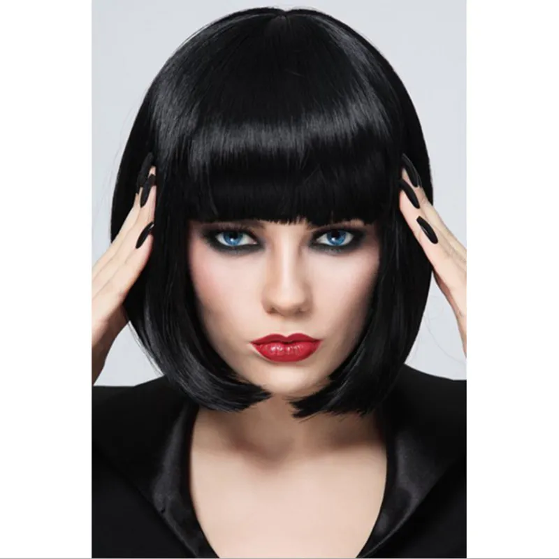 Fashion lady wig with short straight black hair bangs wig girls bobo wigs