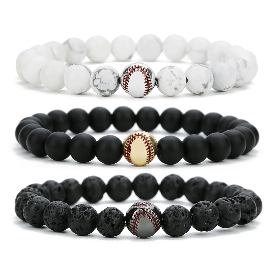 Nowy Baseball Urok 8mm Lava Rock Koraliki Łańcuchy Dla Kobiet Mężczyzn Turkusowy Kamień Naturalny Sport Elastyczność Bangle Moda DIY Biżuteria Prezent