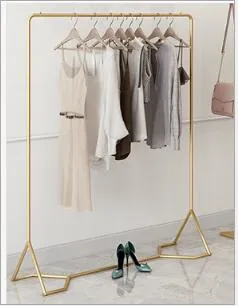 Golden clothing store hanger display shelf Commercial Furniture Ground-mounted combination gold dress hangers Women's Apparel shop rack