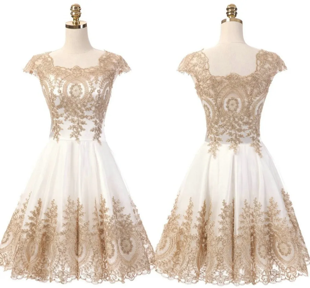 Gold Applique Short Sleeve Prom Dress with Square Neckline and Zipper Back  2019 from Dhgate Prom Dresses - price 78.9