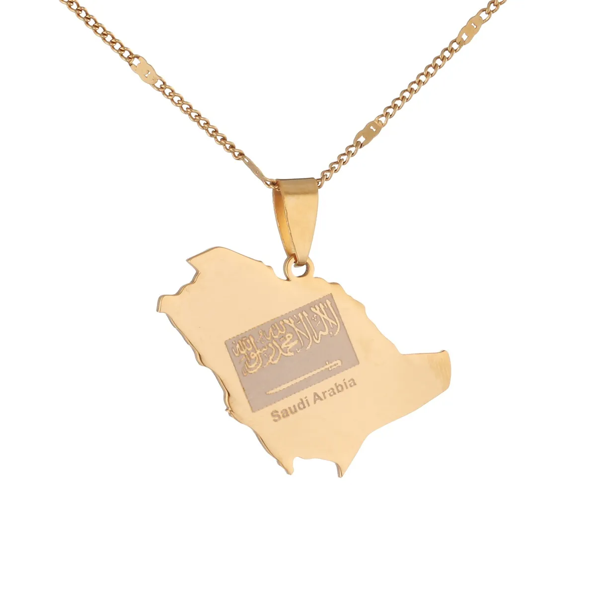 Stainless Steel Saudi Arabia Map Flag Charm Pendant Necklace Kingdom of Saudi Arabia Map Women Jewelry