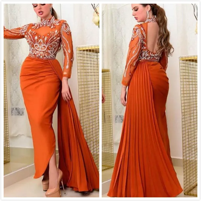 2019 Aso Ebi Arabic Orange Sexy Evening Dresses Beaded Crystals Backless Prom Dresses High Neck Formal Party Second Reception Gowns ZJ264