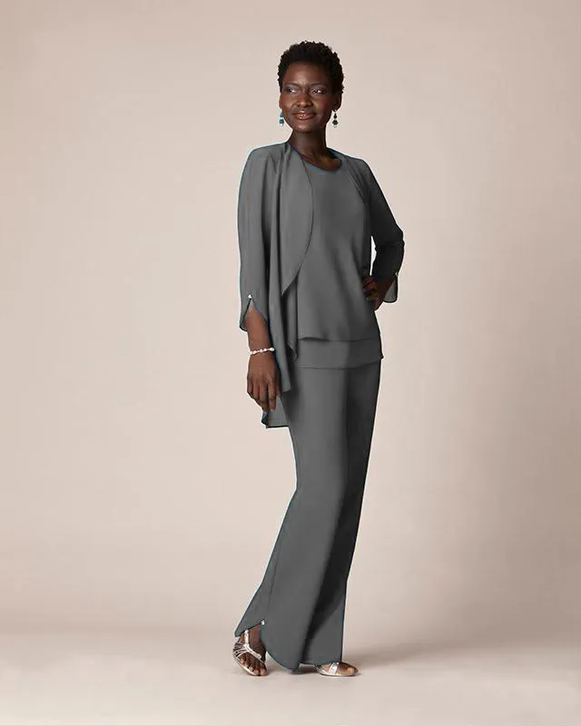 Grey Chiffon Mother of the Bride Pant Suit Formal Evening Wear Long Sleeve 2024 Dresses With Jacket Plus Size
