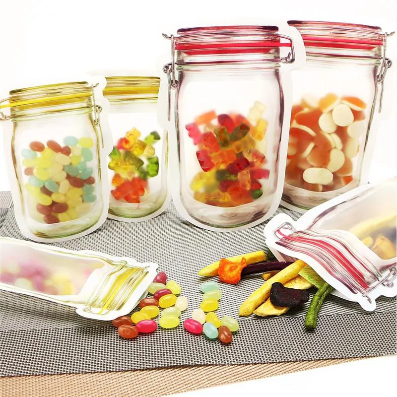 Reusable Food Storage Zipper Bags Mason Jar Shaped Snacks Airtight Seal Food Saver Leakproof Bags Kitchen Organizer Bags XD22297