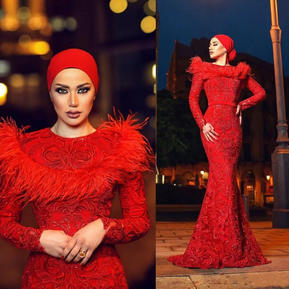 Zuhair Murad Red Inving Downsジュエルネック長袖マーメイドウエディングドレス2019新しいビーズアップリケアラビアドレスプラスサイズ