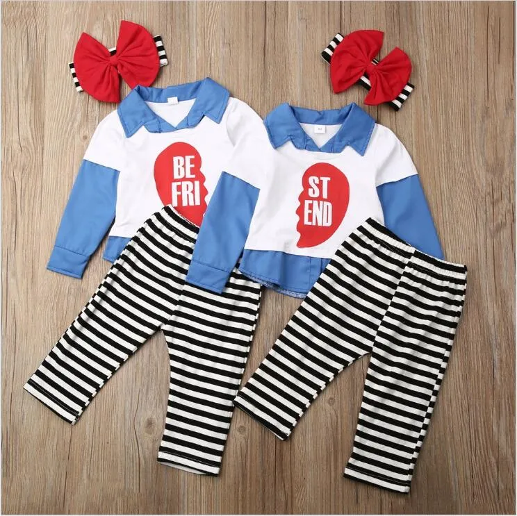 Ropa para bebés Gemelos Hermana Conjuntos de ropa Niños Navidad Santa Camiseta Pantalones Trajes Manga larga Tops Pantalones a rayas Diadema Trajes B6280