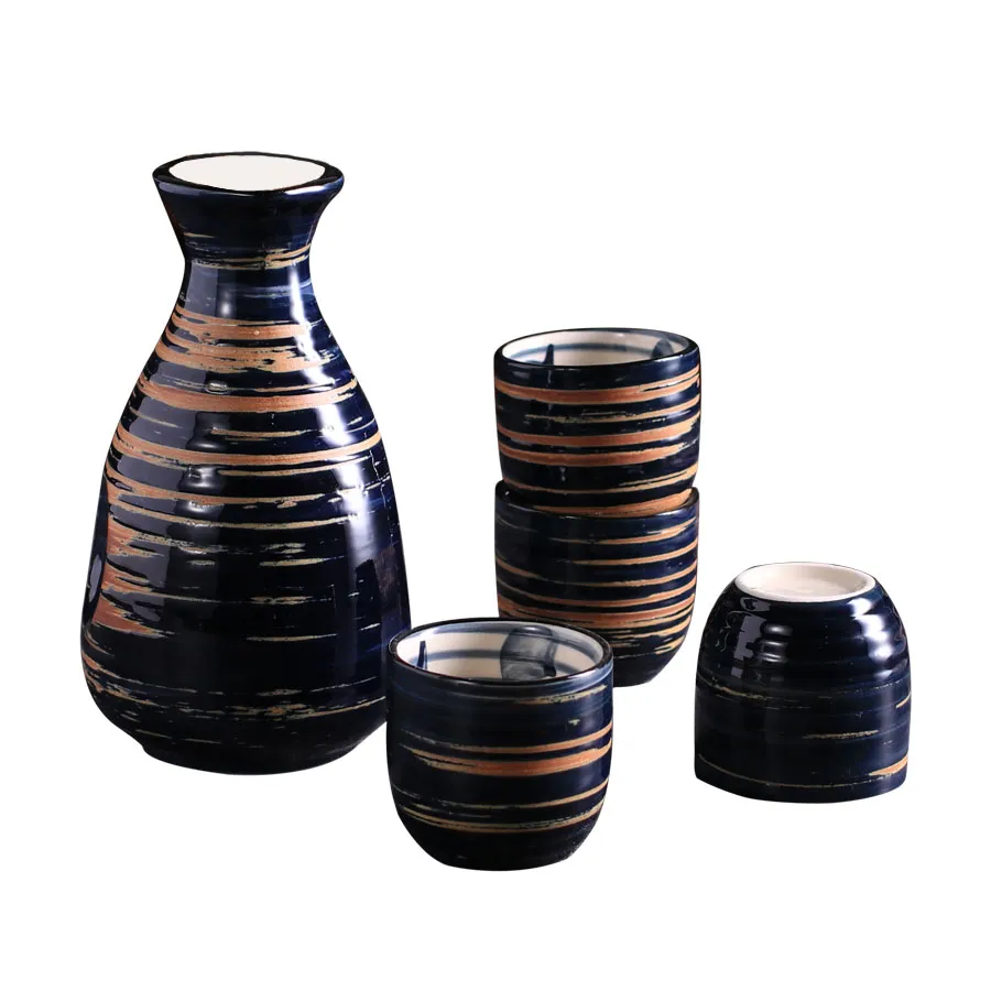 Ensemble de verres à saké japonais pour restaurant asiatique avec 1 bouteille Tokkuri en céramique et 4 tasses Ochoko Cercle terreux brossé sur glaçure bleue