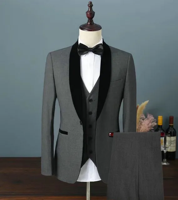 Ny populär en knapp mörkgrå brudgum tuxedos sjal lapel män bröllop parti brudgummar 3 stycken kostymer (jacka + byxor + väst + slips) K100