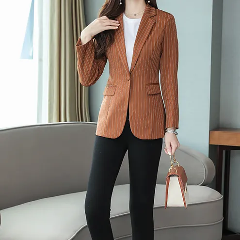 Fashion-Lady Womens Girl Girlish Fashion Formal Suit Casual Jacket Tailored Slim Suit Business Casual Striped 3 Colors B102295Z