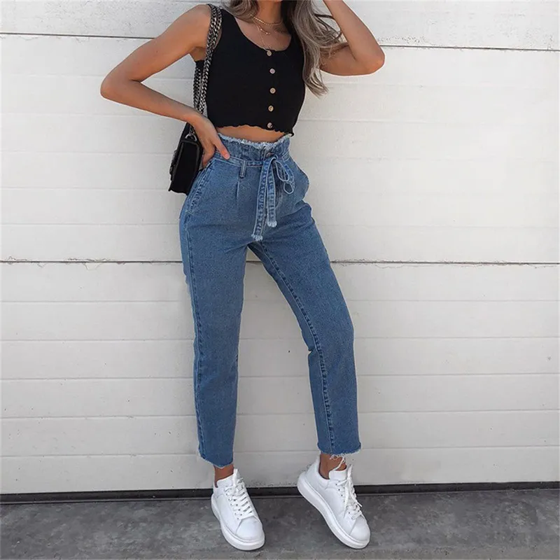 Calofe Women Vintage Jeans hoher Taillengürtel Stretch dünne Denim weibliche Quastenstift Pant Slim Hohose Reißverschluss Burr Vollhose
