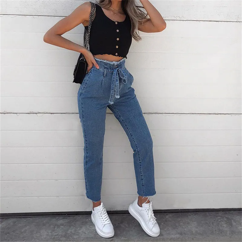 Calofe Kadınlar Vintage Jeans Yüksek Bel Kemeri Streç Skinny Denim Kadın Püskül Kalem Pantolon İnce Pantolon Fermuar Burr Tam Pantolon