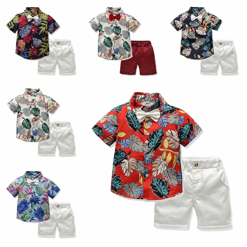 Nowa Moda Baby Boys Floral Suit V-Neck Krótki Rękaw Koszula + Spodenki Pant 2 sztuk Odzież Ustawia Dzieci Boy Summer Casual Outfit