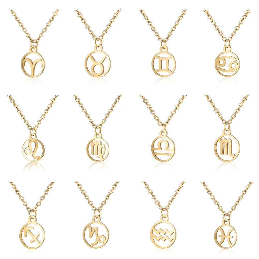 New Zodiac Sign Pendant Necklaces for Women Gold Plated Horoscope Aries Leo 12 Constellations Fashion Stainless Steel Chain Men Jewelry Gift