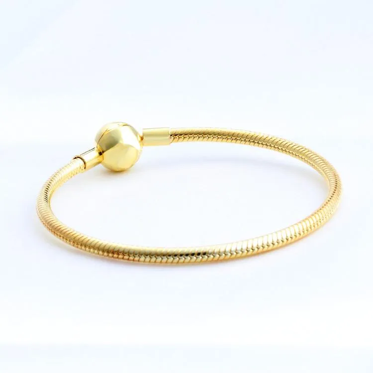 NEW Mens 18K Yellow Gold plated Ball Clips Bracelets Original Box Set for Pandora 925 Silver Snake Chain Bracelet for Women Wedding Jewelry