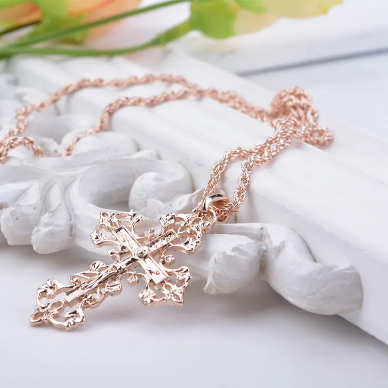 Fashion- Naszyjnik Vintage Rose Gold Color Moda Biżuteria Naszyjnik Wisiorki Jezus Krzyż Cerrodoksyjny Łańcuch Jezus Chrześcijaństwo