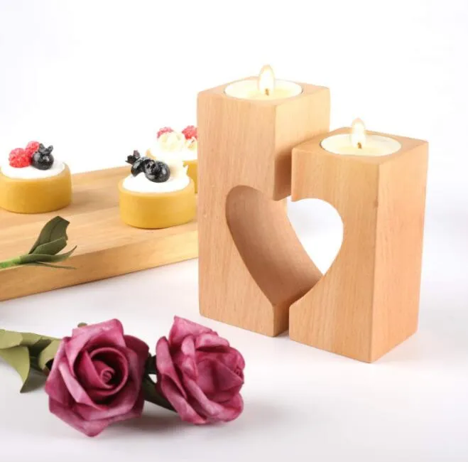 Partihandel Creative Trä Square Tea Lamp Ljushållare Personlighet Solid Wood Heart Shaped Base Design Restaurang Dekorationer